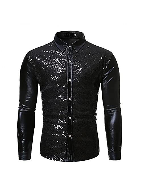 LEIYAN Mens Fashion Sequin Shiny Button Down Shirt Long Sleeve Slim Fit 70s Disco Nightclub Party Dress Shirts Tops