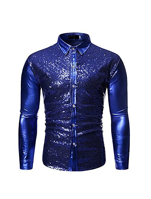 LEIYAN Mens Fashion Sequin Shiny Button Down Shirt Long Sleeve Slim Fit 70s Disco Nightclub Party Dress Shirts Tops