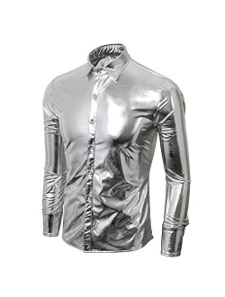 Jila Men Nightclub Metallic Silver Button Down Short Long Sleeve Shirts Tops Costume