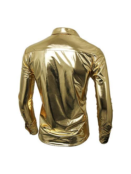 Jila Men Nightclub Metallic Silver Button Down Short Long Sleeve Shirts Tops Costume