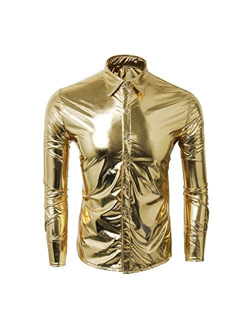 Jila Men Nightclub Metallic Silver Button Down Short Long Sleeve Shirts Tops Costume