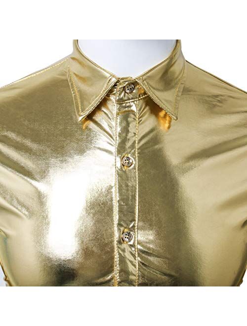 Jila Men Nightclub Metallic Silver Button Down Short Long Sleeve Shirts Tops Costume