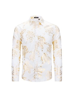 Mens Shiny Gold Rose Printed Dress Shirts Luxury Disco Nightclub Long Sleeve Button Down Wedding Prom Shirt