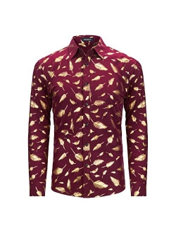 Mens Shiny Gold Rose Printed Dress Shirts Luxury Disco Nightclub Long Sleeve Button Down Wedding Prom Shirt