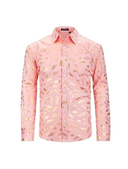 Mens Shiny Gold Rose Printed Dress Shirts Luxury Disco Nightclub Long Sleeve Button Down Wedding Prom Shirt