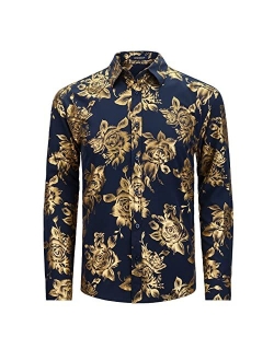 Mens Shiny Gold Rose Printed Dress Shirts Luxury Disco Nightclub Long Sleeve Button Down Wedding Prom Shirt