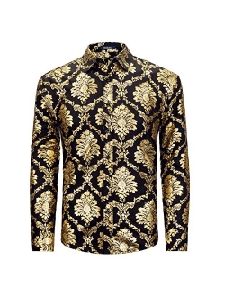 Mens Shiny Gold Rose Printed Dress Shirts Luxury Disco Nightclub Long Sleeve Button Down Wedding Prom Shirt