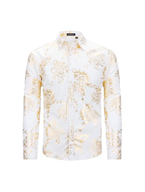 HISDERN Mens Shiny Gold Rose Printed Dress Shirts Luxury Disco Nightclub Long Sleeve Button Down Wedding Prom Shirt