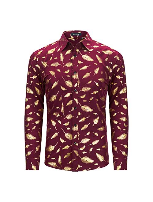 HISDERN Mens Shiny Gold Rose Printed Dress Shirts Luxury Disco Nightclub Long Sleeve Button Down Wedding Prom Shirt