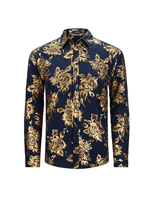 HISDERN Mens Shiny Gold Rose Printed Dress Shirts Luxury Disco Nightclub Long Sleeve Button Down Wedding Prom Shirt