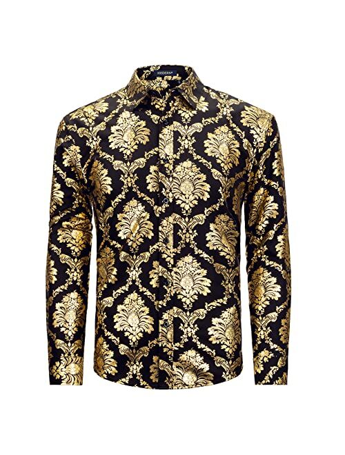 HISDERN Mens Shiny Gold Rose Printed Dress Shirts Luxury Disco Nightclub Long Sleeve Button Down Wedding Prom Shirt