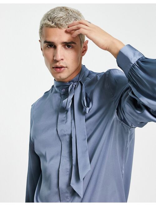 Asos Design satin shirt with tie neck and blouson volume sleeve in blue