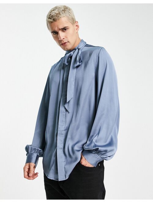 Asos Design satin shirt with tie neck and blouson volume sleeve in blue