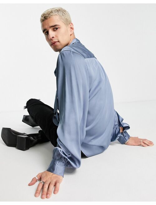 Asos Design satin shirt with tie neck and blouson volume sleeve in blue