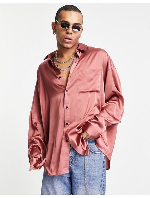 Asos Design oversized satin shirt with dip back hem in dusky pink