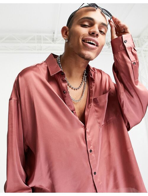 Asos Design oversized satin shirt with dip back hem in dusky pink