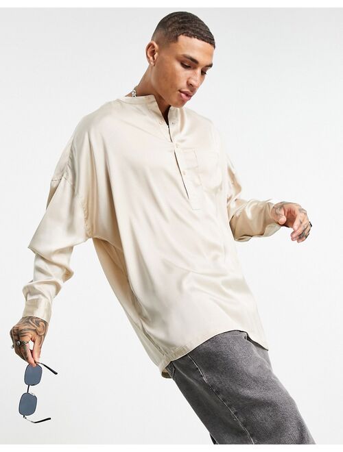 Asos Design oversized overhead satin shirt with grandad collar in champagne