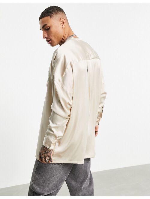 Asos Design oversized overhead satin shirt with grandad collar in champagne