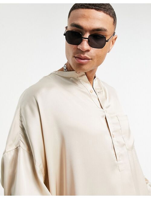 Asos Design oversized overhead satin shirt with grandad collar in champagne