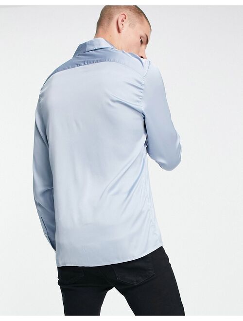 Asos Design regular satin shirt with shawl neck in blue