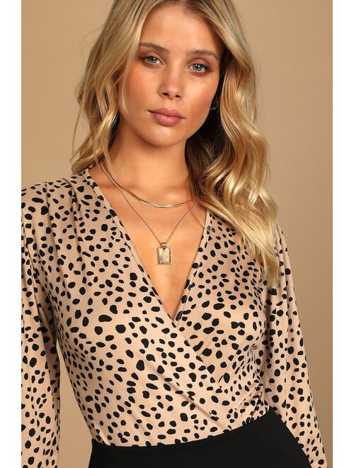 Lulus Wildly Trendy Tan Cheetah Print Long Sleeve Bodysuit