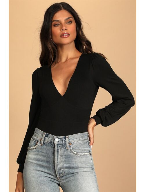 Lulus Night Out Vibes Black Long Sleeve Tie-Back Bodysuit