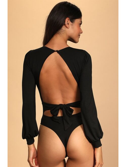 Lulus Night Out Vibes Black Long Sleeve Tie-Back Bodysuit