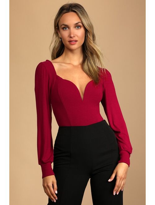 Lulus Flirting for Fun Wine Red Ribbed Long Sleeve Bodysuit