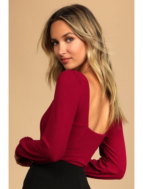 Lulus Flirting for Fun Wine Red Ribbed Long Sleeve Bodysuit