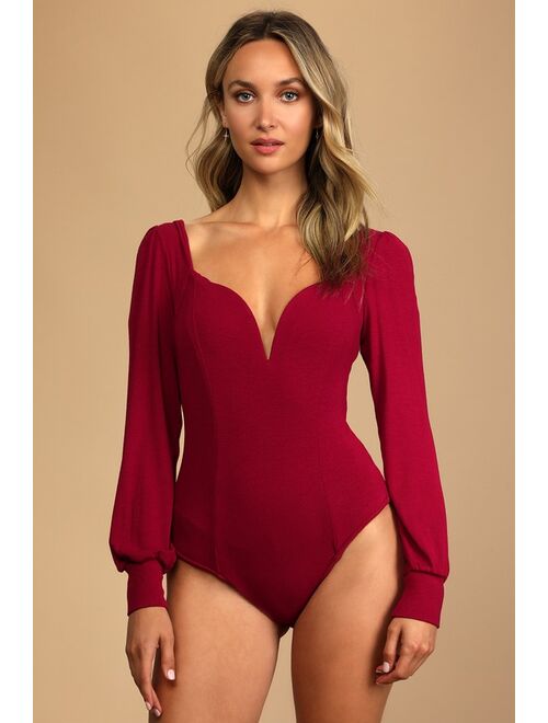 Lulus Flirting for Fun Wine Red Ribbed Long Sleeve Bodysuit