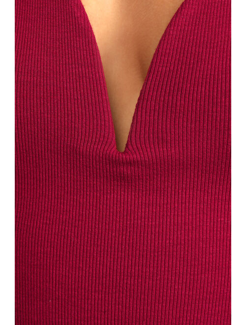 Lulus Flirting for Fun Wine Red Ribbed Long Sleeve Bodysuit