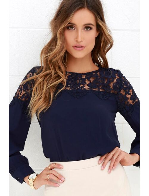 Lulus Picture This Navy Blue Long Sleeve Lace Top