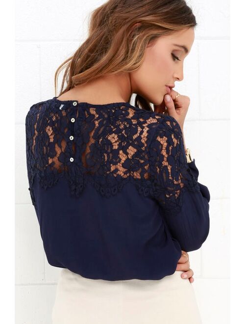 Lulus Picture This Navy Blue Long Sleeve Lace Top