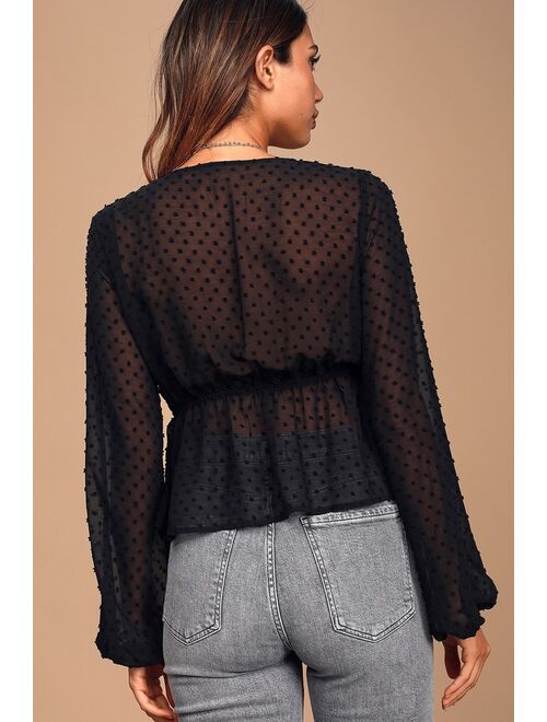 Lulus Got the Love Black Swiss Dot Balloon Sleeve Peplum Top