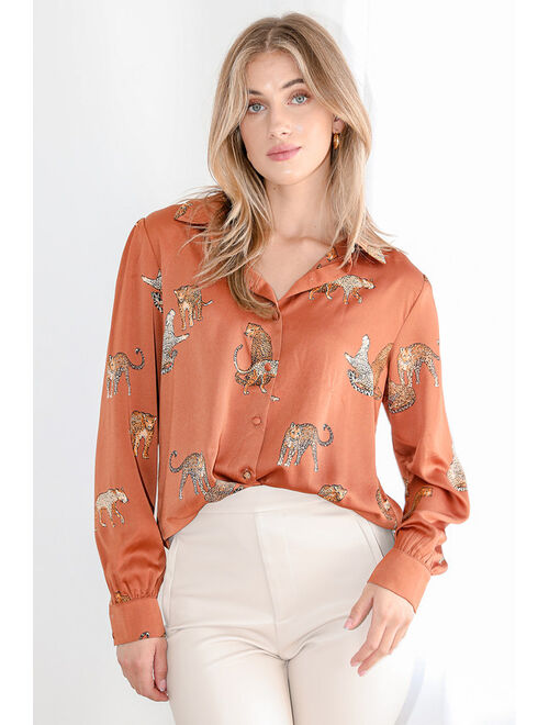 Lulus Prowlin' Around Rust Brown Cat Print Long Sleeve Button-Up Top