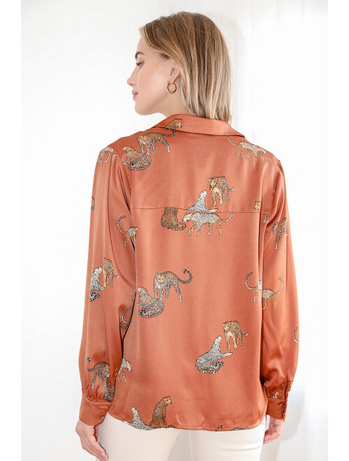 Lulus Prowlin' Around Rust Brown Cat Print Long Sleeve Button-Up Top