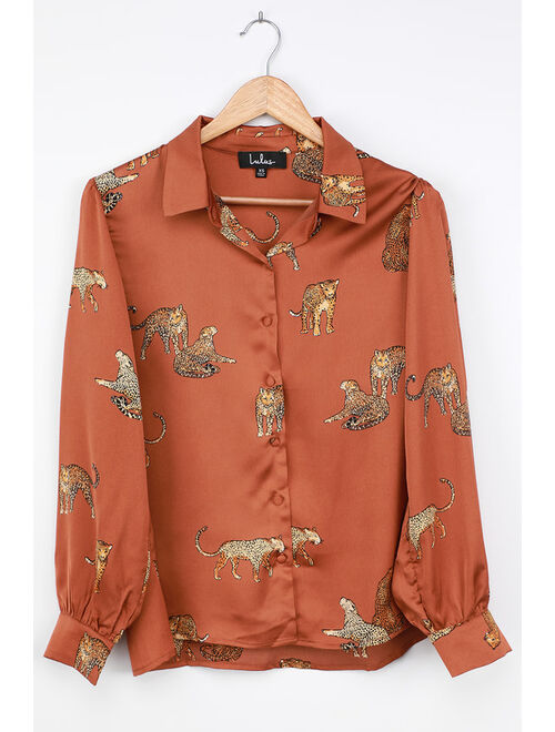 Lulus Prowlin' Around Rust Brown Cat Print Long Sleeve Button-Up Top