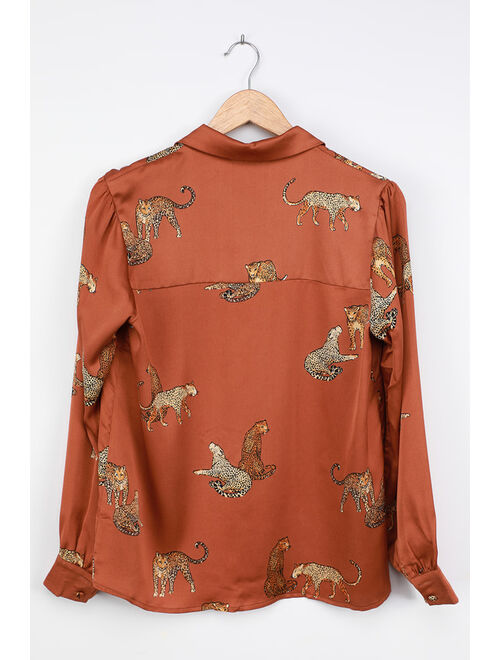 Lulus Prowlin' Around Rust Brown Cat Print Long Sleeve Button-Up Top