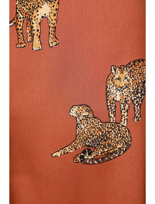 Lulus Prowlin' Around Rust Brown Cat Print Long Sleeve Button-Up Top