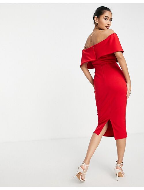 True Violet off shoulder pencil midi dress in red