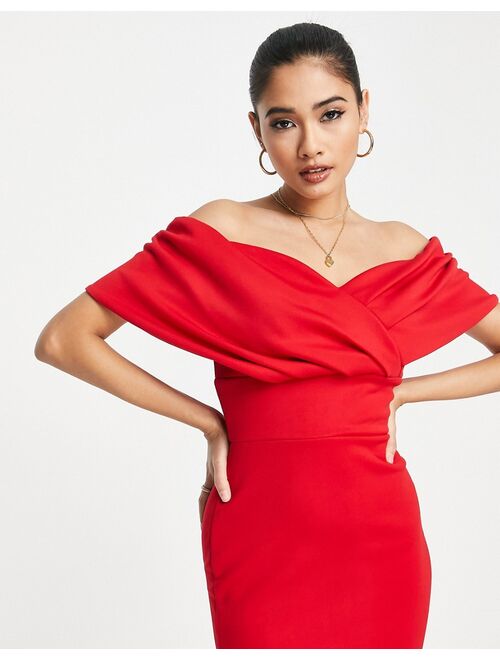 True Violet off shoulder pencil midi dress in red