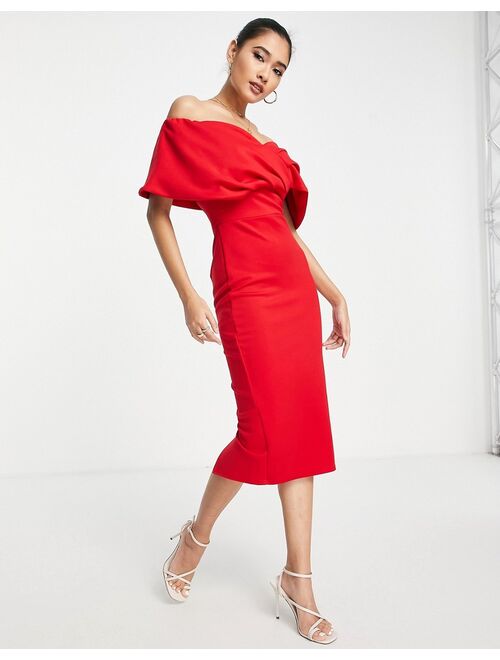 True Violet off shoulder pencil midi dress in red