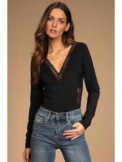 Flirt With You Black Lace Long Sleeve Bodysuit