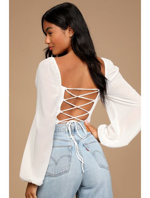 Lulus Never Tied Down White Lace-Up Long Sleeve Bodysuit