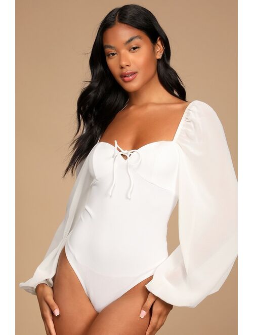 Lulus Never Tied Down White Lace-Up Long Sleeve Bodysuit