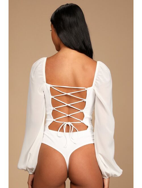 Lulus Never Tied Down White Lace-Up Long Sleeve Bodysuit