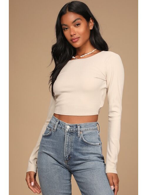 Lulus Flirty Side Beige Ribbed Long Sleeve Tie-Back Crop Top