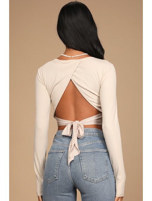 Lulus Flirty Side Beige Ribbed Long Sleeve Tie-Back Crop Top