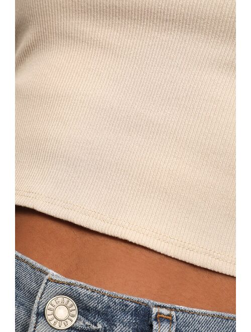 Lulus Flirty Side Beige Ribbed Long Sleeve Tie-Back Crop Top