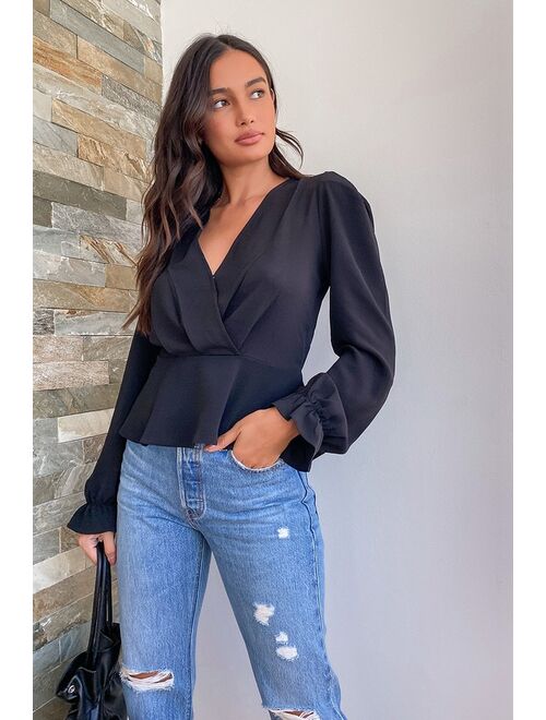 Lulus Expertise Black Faux Wrap Flounce Sleeve Top